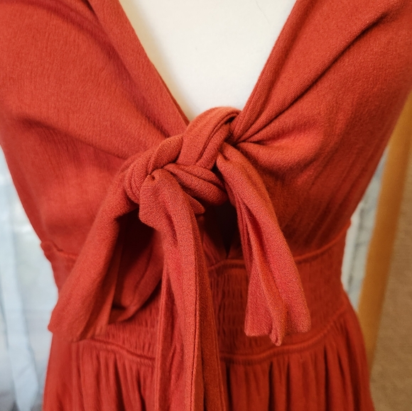 Boho Rust Tie Front Ruffle Hem Dress - Picture 2 of 6